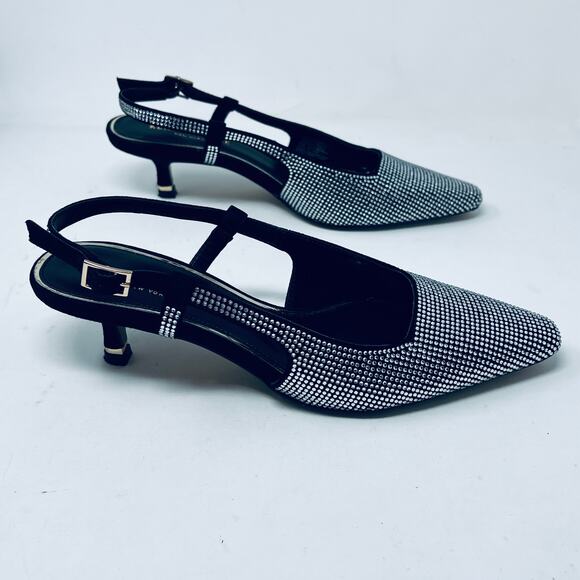 Kenneth Cole Slingback Jewelled Kitten Heel Black Silver Strappy Ankle - 7 - Picture 4 of 10